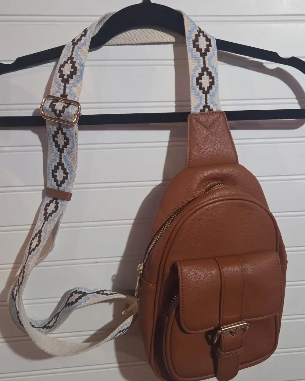 Brown Faux Leather Western Aztec Crossbody Bag Chest Pack Strap